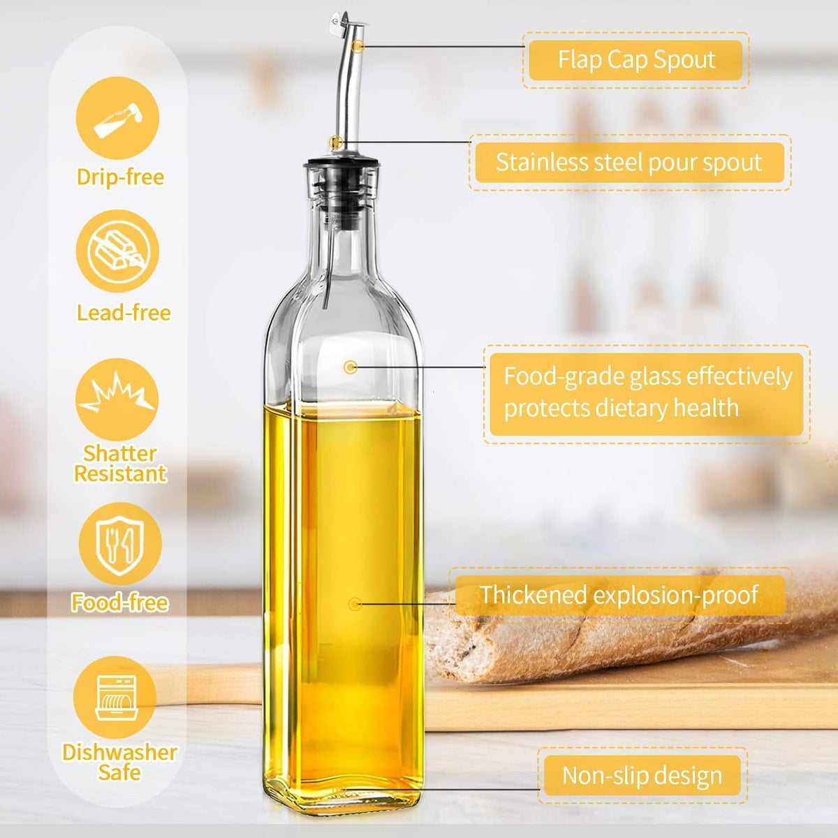 Green Olive Oil Dispenser Bottle - 17oz/500ml Glass Oil and Vinegar Bottles Set for Kitchen, Oil Dispenser with 2 Stainless Steel Pourers, Funnel and Brush