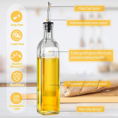 Green Olive Oil Dispenser Bottle - 17oz/500ml Glass Oil and Vinegar Bottles Set for Kitchen, Oil Dispenser with 2 Stainless Steel Pourers, Funnel and Brush