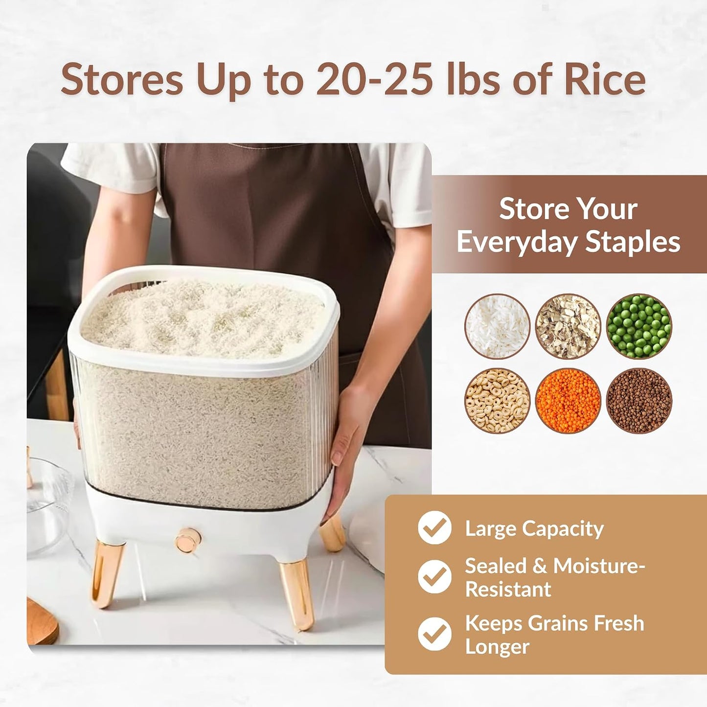 FromUS2U Rice Container, 25 Lbs Airtight Grain Dispenser, Large Cereal Dispenser Countertop for Kitchen Space-Saving Food Bin with Easy Pour Design for Pantry Organization
