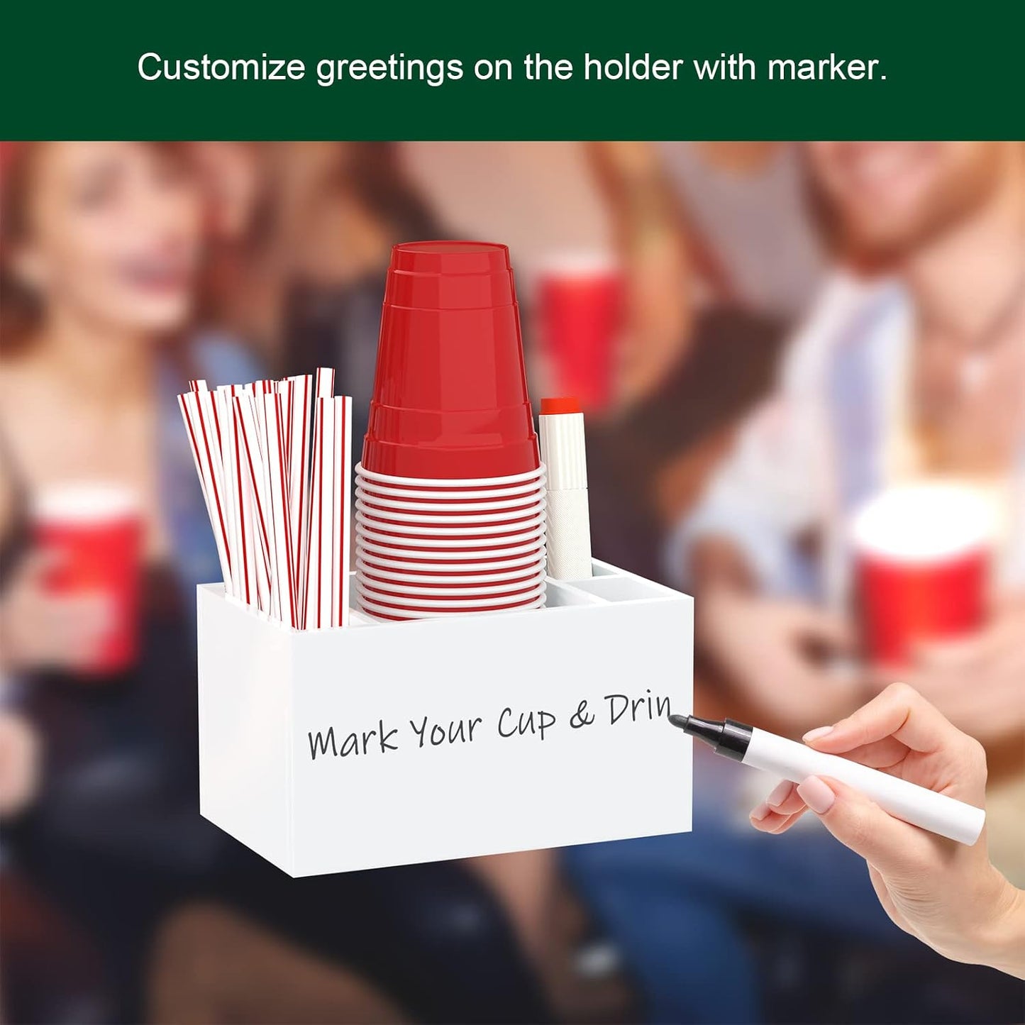 Double Cup Holder with Marker Slot, Party Cup Dispenser Acrylic Cup Organizer Mark Your Cup and Drink Up Caddy Modern Bar Counter Decor, Clear