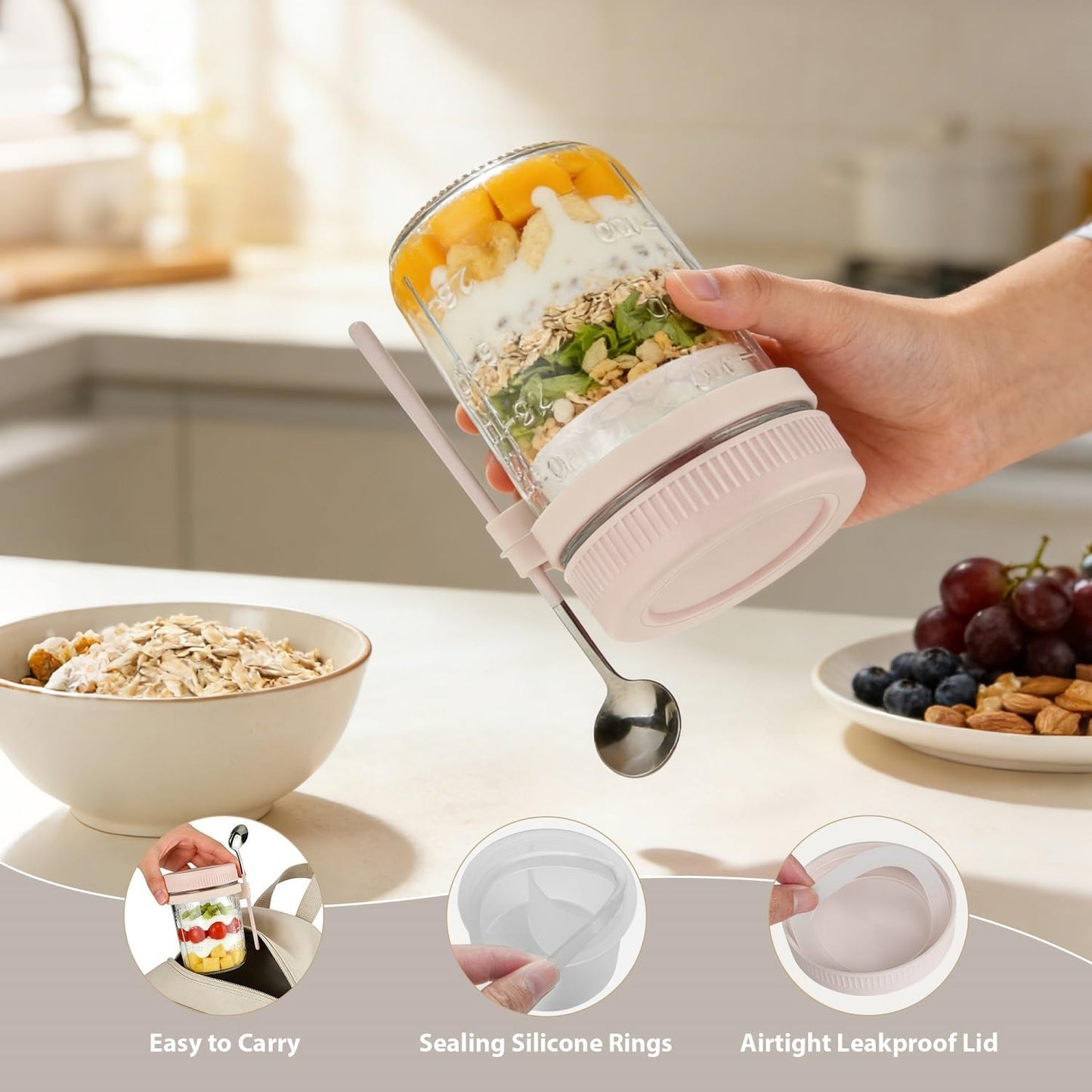 Overnight Oats Containers with Lids and Spoons - 4 Pack 16 oz Glass Mason Jars with Separate Compartments Airtight Overnight Oat Jars Leakproof Yogurt Parfait Cup for Oatmeal Chia Pudding Cereal Salad