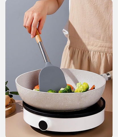 Silicone Spatula Shovel, 14 Inch Gray Turner High Temperature Resistance with Wooden Handle for Cooking and Fried (1)