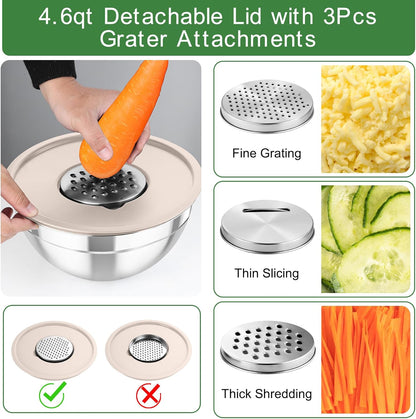 TeamFar Mixing Bowls with Airtight Lids, 5PCS Stainless Steel Metal Salad Bowl with 3 Grater Attachments, for Cooking, Prepping, Serving, Healthy & Easy Clean - 0.7/1/1.5/2.6/4.6QT, Black