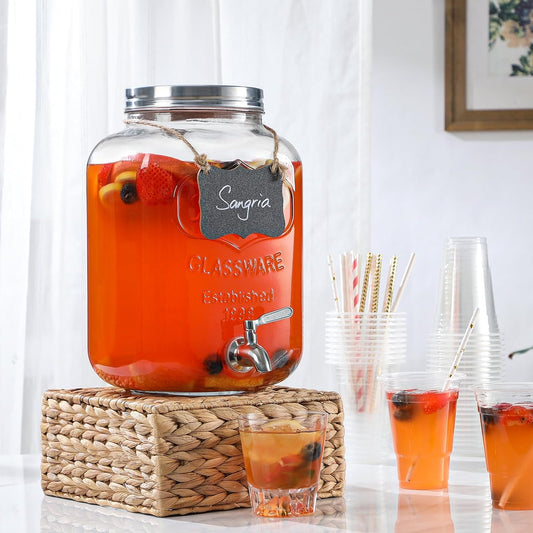 2 Gallon Glass Beverage Dispenser with Stand and Lid, 18/8 Stainless Steel Spigot - Glass Drink Dispensers for Parties - Mason Jar Drink Dispensers with Lids