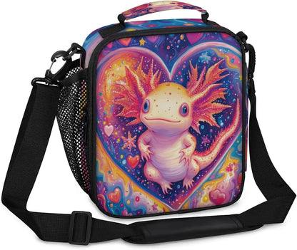 Insulated Lunch Box for Girls Kids Axolotl Lunch Bags Reusable Portable Lunchbox with Adjustable Shoulder Strap and Water Bottle Holder for Work School Travel
