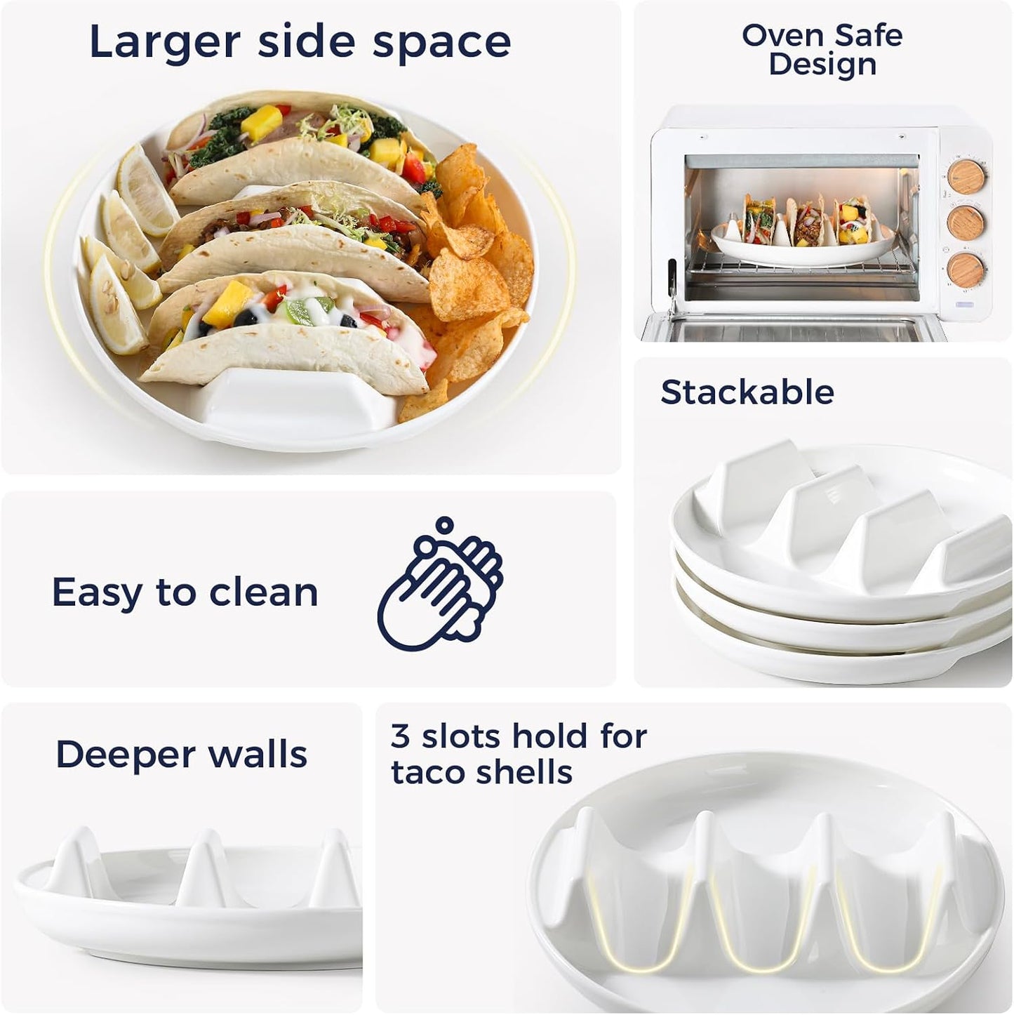 Dizada Taco Holders Set of 3-9" Porcelain Taco Plates with Dividers, Ceramic Taco Stand for Hard Soft Shells, Reusable Taco Serving Tray, Dishwasher Microwave Safe