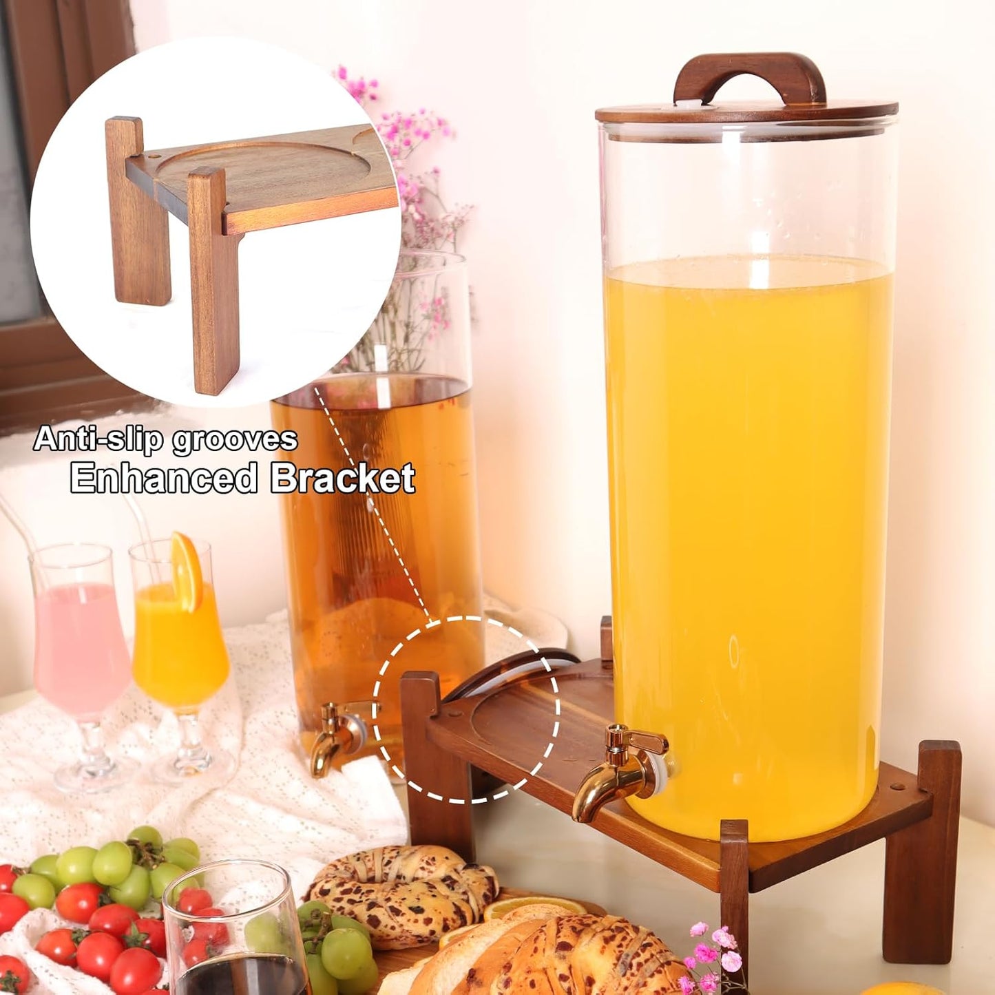2PCS 1.6 Gallon Drink Dispenser,Glass Water Dispenser with Stand,Beverage Dispenser with Stainless Steel Spigot,Drink Dispensers for Parties,Bars,Restaurants