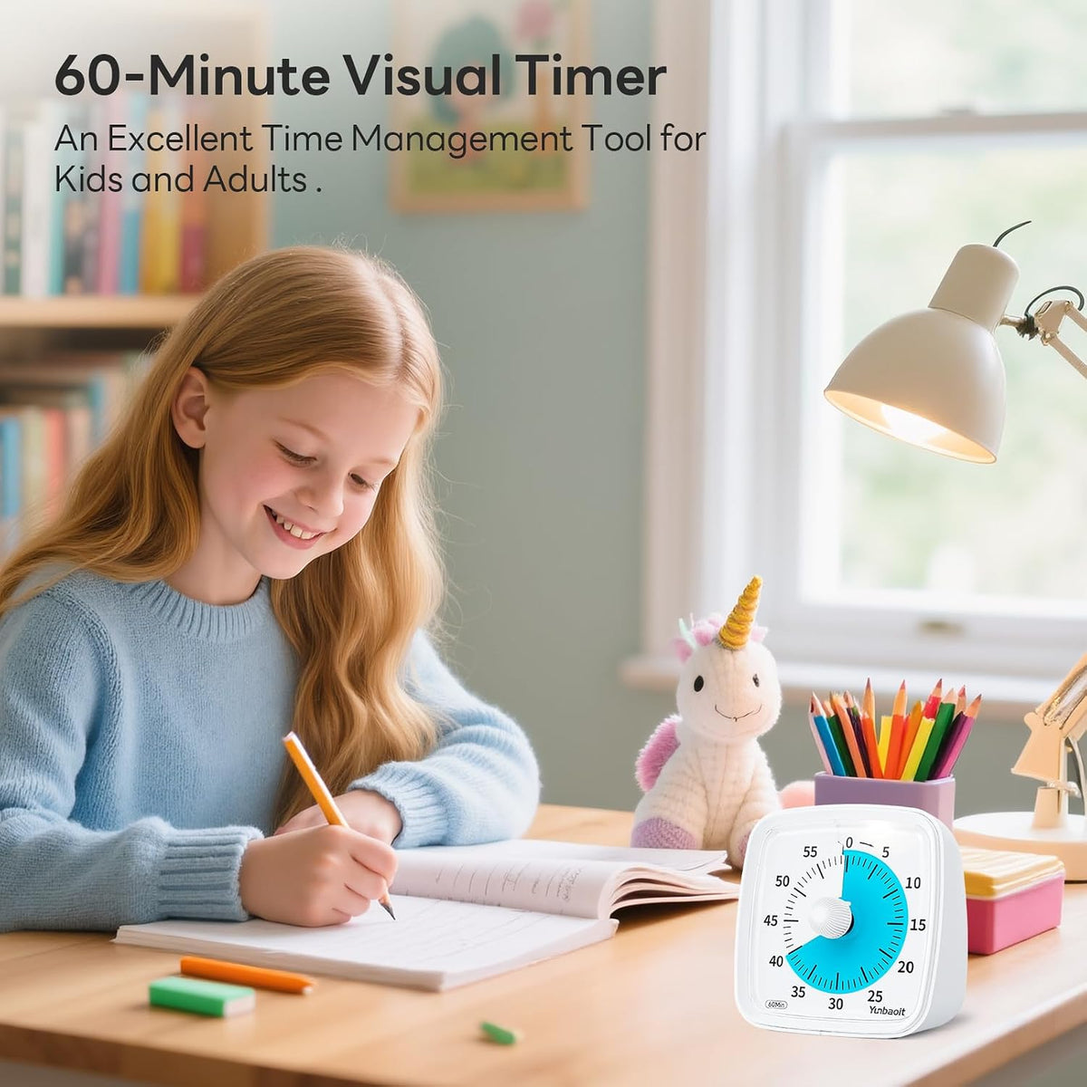 Yunbaoit Visual Timer with Night Light, 60 Minute Countdown, Light Blue