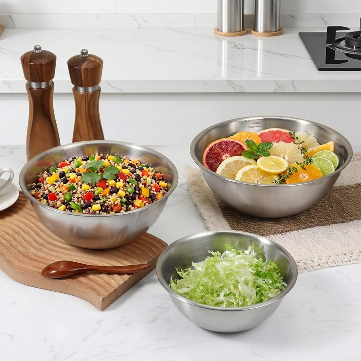 5 Pack Stainless Steel Mixing Bowls with Marks, Heavy Duty Nesting Bowls Set, Food Grade 304, Dishwasher Safe & Stackable for Cooking, Baking, Prepping (1, 1-1/2, 2, 2-1/2, 3-1/2 QT)