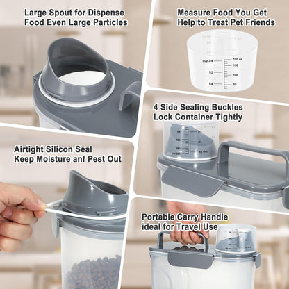 Dog Cat Food Storage Container, Pet Food Pourable Container Airtight with Large Spout & Cup, BPA-Free Plastic Food Dispenser for Pet Food, Bird Seed, Rice, Flour (Dark Gray, 2.5L)