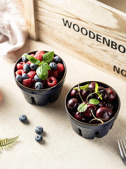 Gomakren Berry Bowls with Holes Ceramic, Berry Washing Bowl Basket Set of 2, 5.8 Inch Round Fruit Bowl Storage Containers, Strawberry Baskets, Farmhouse Kitchen Decor, Yellow + Brown