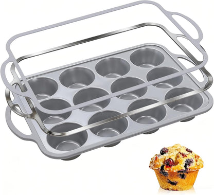 Silicone Muffin Pan with Metal Frame, 12-Cup Non-Stick Baking Pan for Cupcakes & Muffins, Dishwasher Safe & BPA Free, Durable for Meal Prep & Oven Use