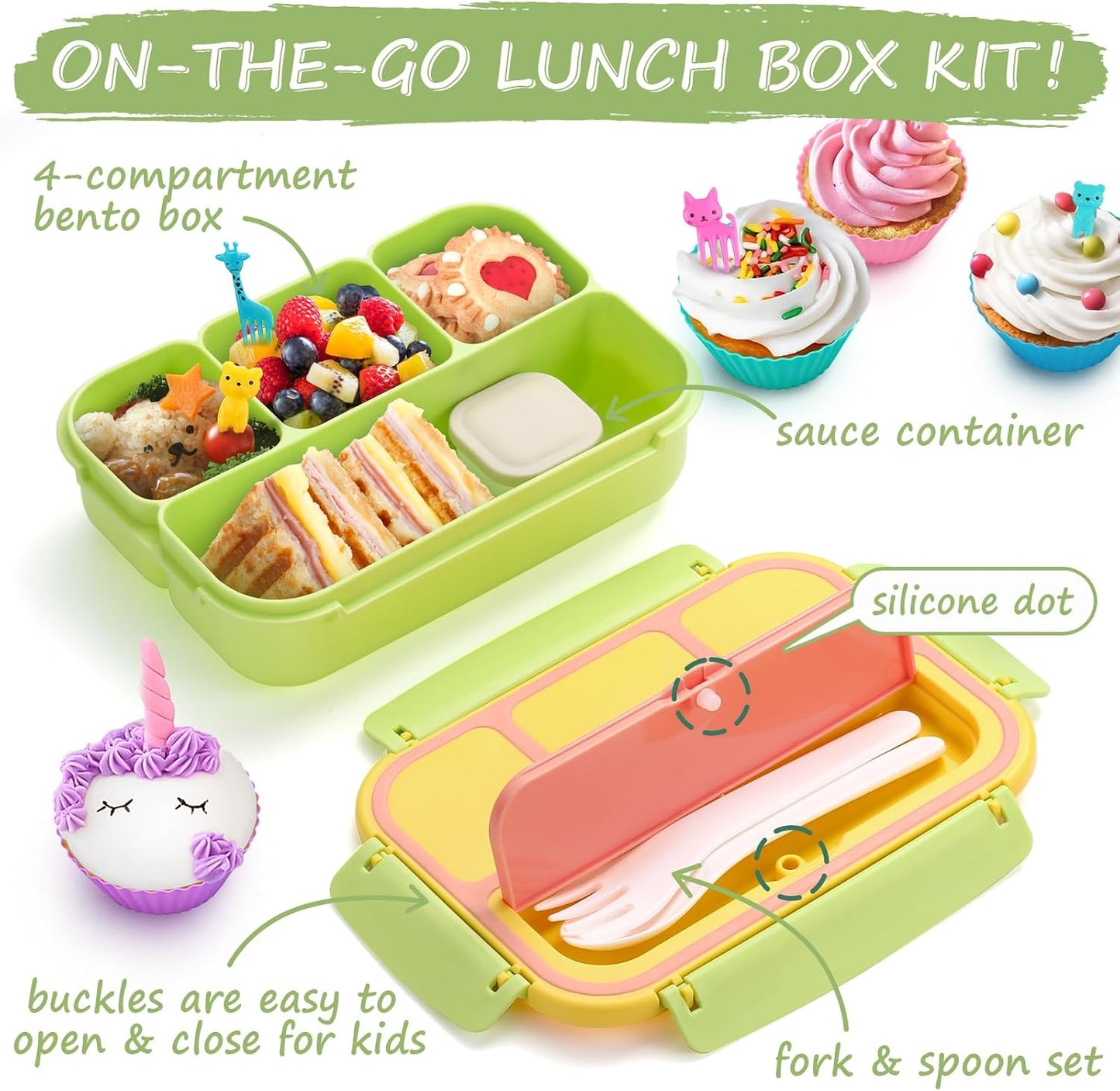 QQKO Bento Lunch Box for Kids Girls Boys, Toddler Kids Lunch Boxes for School, Lunch Containers for Adults with 4 Compartments, Sauce Container, Utensils, Food Picks and Muffin Cups, Purple