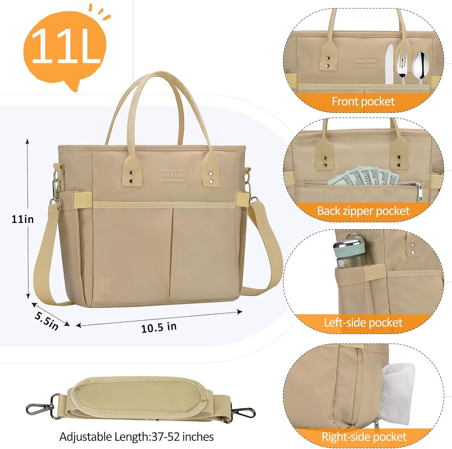 MAXTOP Lunch Bag Women for Work Insulated Thermal Lunch Box for Men with Wide-Open Pocket Reusable Leakproof Cooler Bags with Removable Shoulder Strap for Teacher Nurse Office Picnic Travel Black