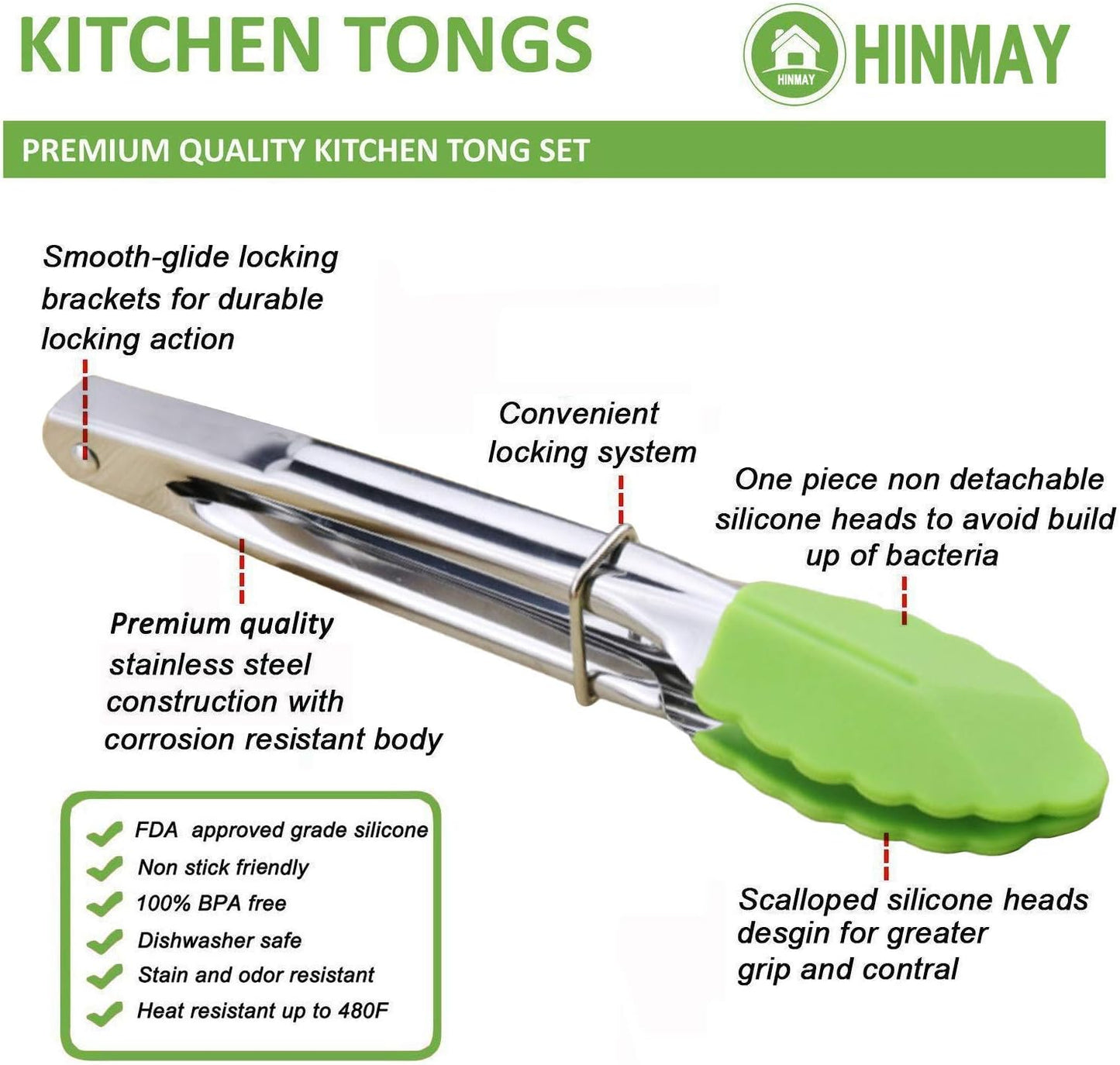 HINMAY Mini Stainless Steel Food Tongs with Silding Rings 7-Inch, Set of 6 | Small Clam Shell Service Tongs for Serving Appetizers, Desserts, Salads, Barbecue and Cooking (Silver)