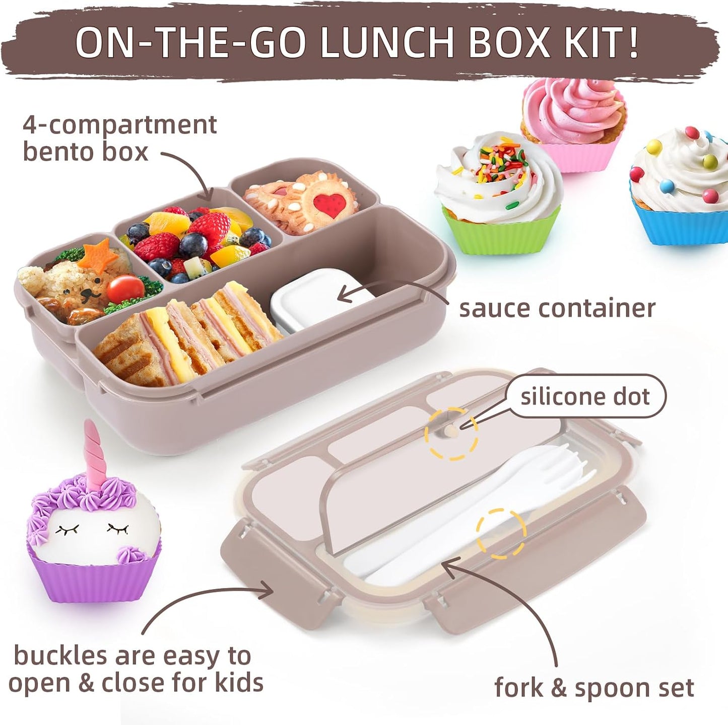 QQKO Bento Lunch Box for Kids Girls Boys, Toddler Kids Lunch Boxes for School, Lunch Containers for Adults with 4 Compartments, Sauce Container, Utensils, Food Picks and Muffin Cups, Purple
