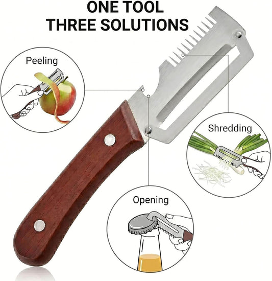 3-in-1 Stainless Steel Vegetable Peeler and Julienne Shredder | Wood handle, built-in bottle opener, cleaning brush included; compact tool for cooking, BBQ, camping, and meal prep.