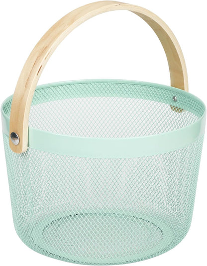 IBWell Bucket-Shape Metal Wire Woven Fruit Storage Bowl Basket with Wooden Handle, Large Black Mesh Fruit Stand, Multi-function Hanging Kitchen Baskets (Blue Grey)