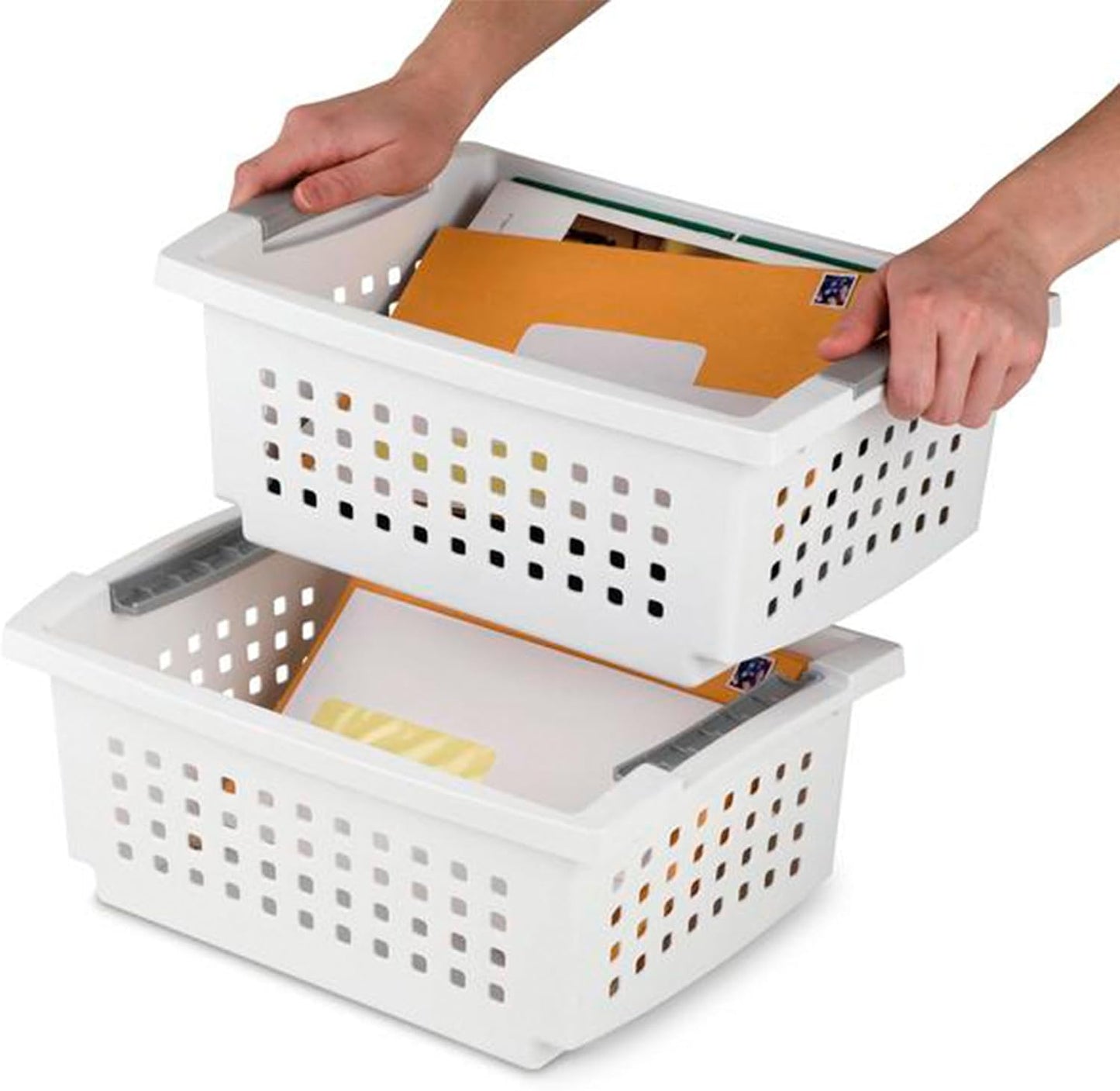 Sterilite 10-Pack Medium Stacking Basket, Open Top Plastic Storage Organizer, White - Stackable Crate Containers for Countertop, Cabinet, Pantry Shelf, Laundry Room, Bathroom & Home Office