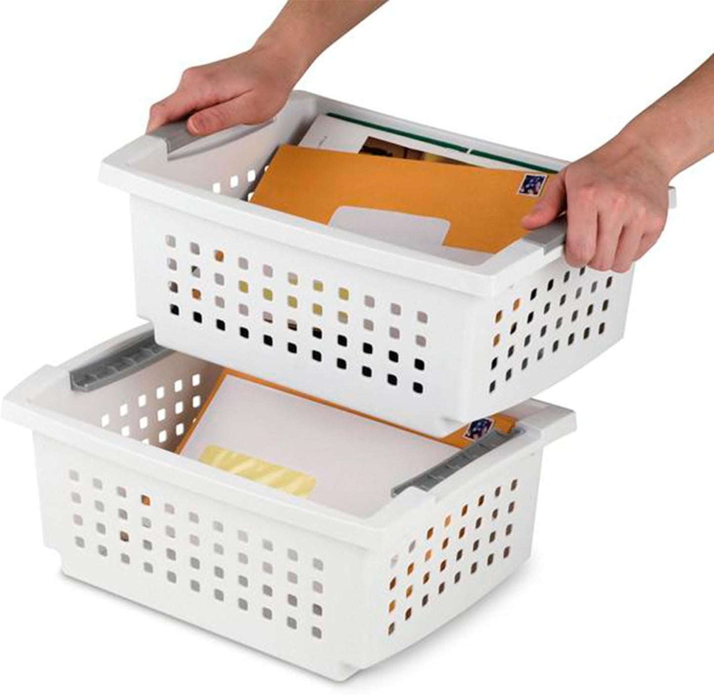 Sterilite Medium Stacking Basket, Plastic Storage Bin to Organize Countertops, Shelves, Closets, Classroom, Bathroom, and Dorm, White with Gray Handles, 4-pack
