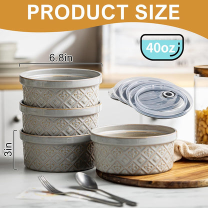 Airtight Food Storage Containers with Lids Mixing Bowls Set, Ceramic Serving Bowls with Lids Set of 4, 12/16/28/40 oz Stackable Nesting Salad Bowls for Cooking, Baking, Ramen - Beige