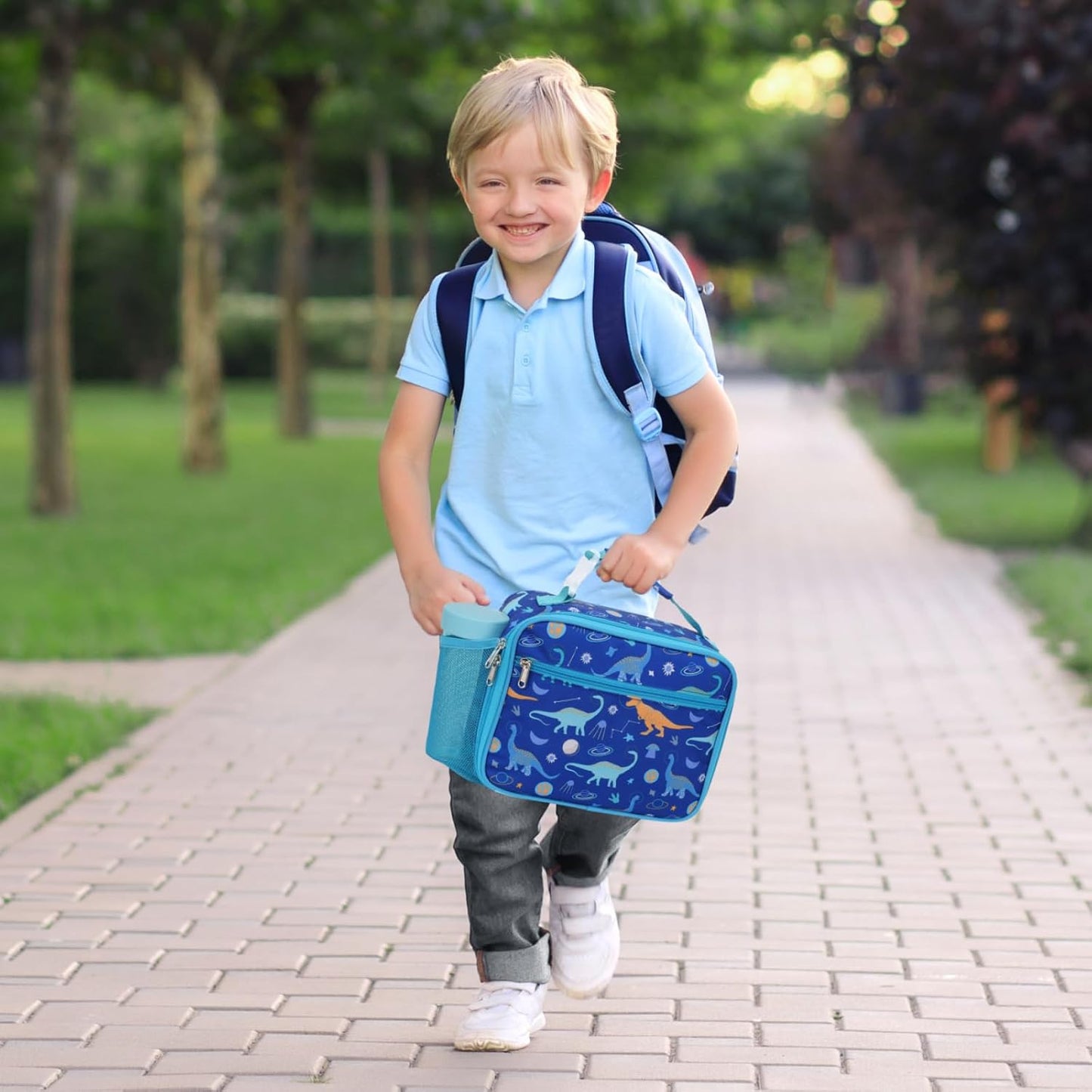 Kids Lunch Bag Boys - Insulated Kids Lunch Box Reusable Lunchbox with Water Bottle Holder Toddler Lunch Tote Bag for School Daycare, Black Dino Fossil