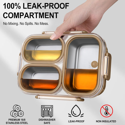 KTKUDY Stainless Steel Bento Box for Kids & Adults - 25 oz - Leakproof 3 Compartment Metal Lunch Container - 18/8 Stainless Steel Lunch Box Kids - Ideal for School, Office & Outdoor (Cream)