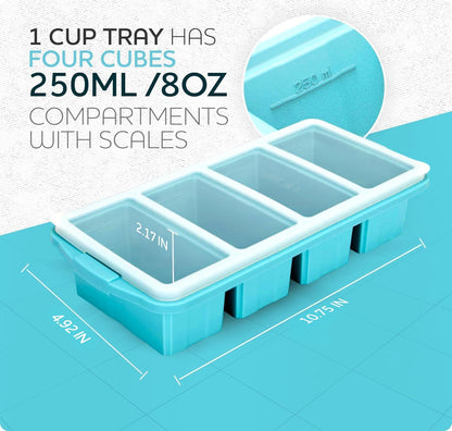 XOMOO Silicone Freezer Tray With Lid-Soup Freezer Container molds-2-cup Extra Large Ice Cube Tray-makes 4 perfect 500ml portions cubes, For freezing soup,stews,sauces.Oven&Dishwasher-Safe(2-Pack)