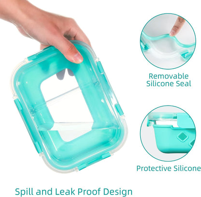 5 Pack Glass Meal Prep Containers 3 Compartment with Lids, Divided Glass Storage Containers with Silicone Sleeve for Lunch, Leak-Proof Portion Control Food Containers, Dishwasher Safe, 34 oz