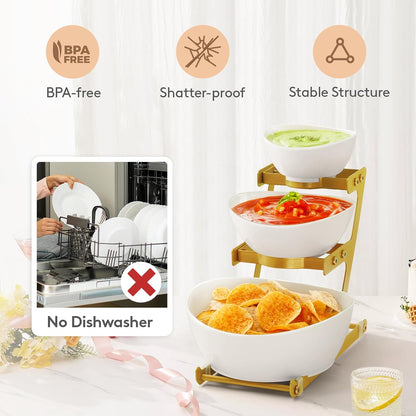Lifewit 3 Tier Plastic Serving Bowls with Black Metal Stand, Chips and Dip Serving Tray Set for Entertaining Party, Crack-Proof Serving Platters for Fruit/Snack/Candy, 31 x 20 x 27 cm/12 x 8 x 10.6