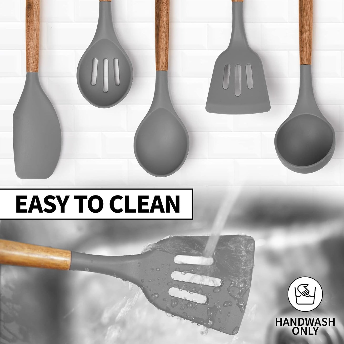 Zulay Kitchen Utensils Set Non-Stick Silicone Cooking Utensils Set with Authentic Acacia Wood Handles - 5 Piece Silicone Utensil Set - Kitchen Utensils Set with 464°F Heat Resistance - Gray
