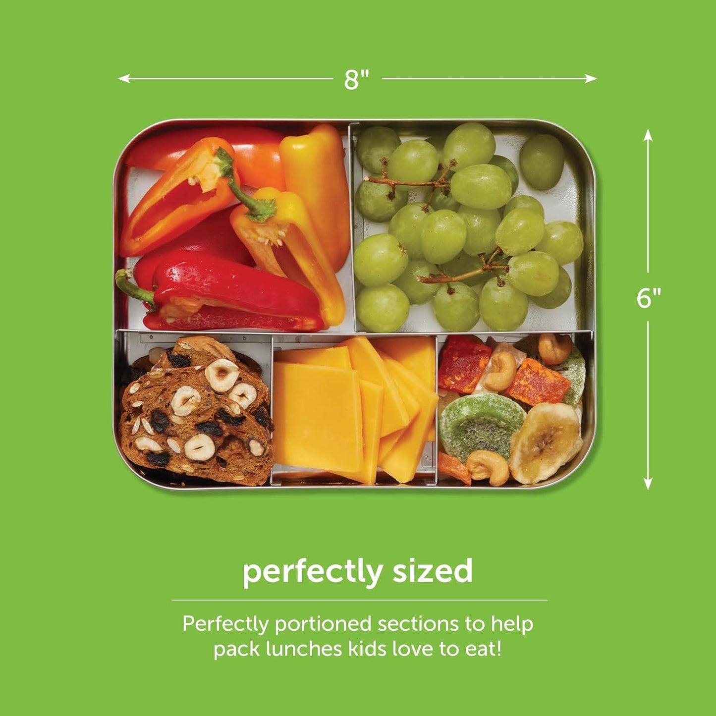 LunchBots Small Snack Packer Bento Box - Extra Small Divided Stainless Steel Snack Container - 2 Compartments for Fruits, Vegetables and Finger Foods - Dishwasher Safe – Stainless Lid