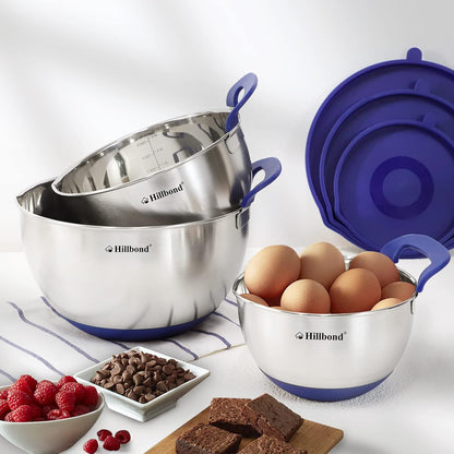 Hillbond Stainless Steel Bowls with Lids Set Mixing Bowls with Pour Spout, Silicone Handle and Non-Slip Bottoms for Baking, Metal Bowls Mixing Dishwasher Safe, Set of 3, Mother’s Day Gift (Black)