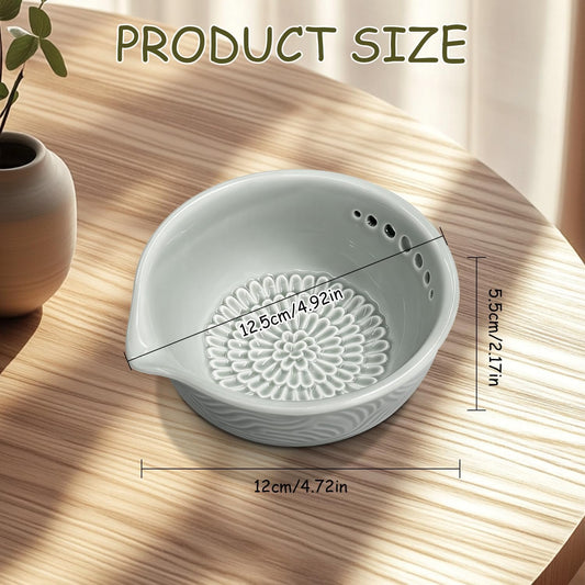 Grater Plate, 3 in 1 Handmade Tool Ceramic Bowl with Herb Stripper (Gray)