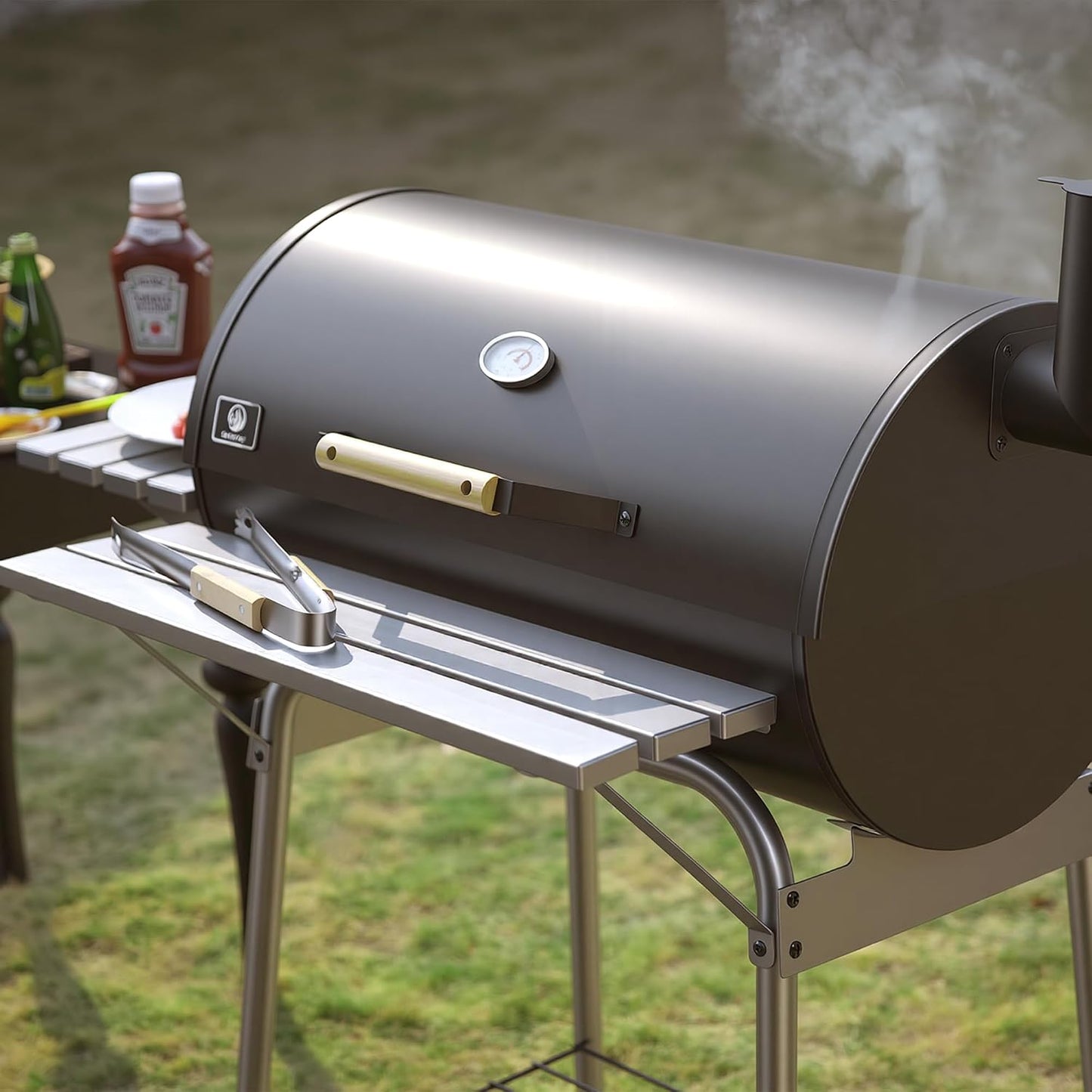 Barrel Charcoal Grill, Outdoor BBQ Smoker, 737 Sq. In. Cooking Area, Adjustable Charcoal Pan, Warming Rack, Front & Side Table, Storage Shelf, Enameled Steel Wire, Backyard, Patio (Large)