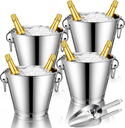meekoo 4 Pcs 4 Quart Champagne Bucket Wine Bucket Metal Ice Container with 1 Pcs 6 oz Ice Scoop and Handles Stainless Steel Drink Cooler Cocktails Wine Chiller Beer Tub for Bar Party BBQ Banquet