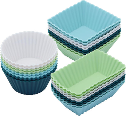 24Pack Silicone Muffin Cups, Reusable Cupcake Liners Molds for Baking, 3 Shapes Lunch Box Bento Dividers-Round, Square, and Rectangular (Orange Series, Regular Size)
