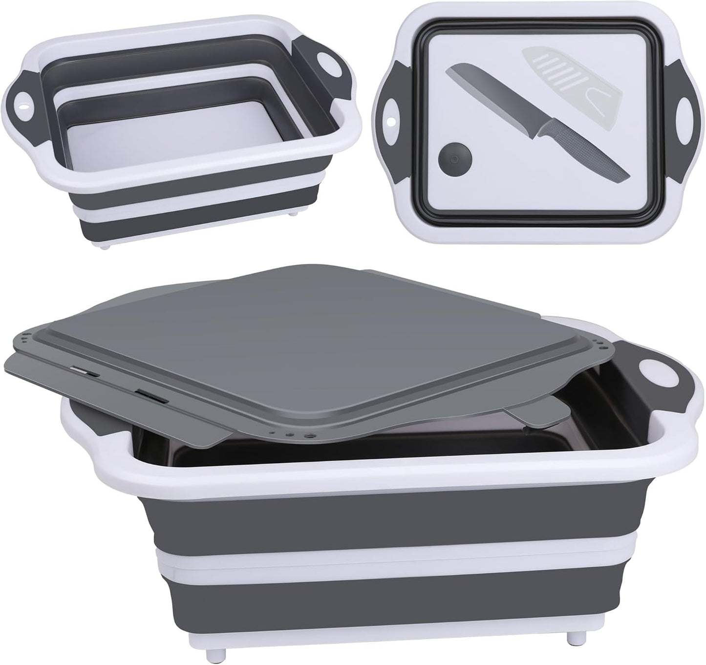 QiMH Collapsible BBQ Prep Tub, Picnic Basket with Lid Foldable Dish Basin, Washing and Draining Veggies Fruits, Food Grade Portable Cutting Board for Camping, Traveling, and Kitchen