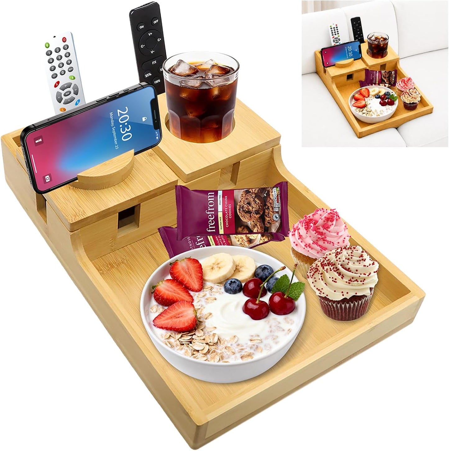 2-in-1 Bamboo Couch Tray – Insert & Flat Sofa Organizer with Anti-Slip Base,360° Rotating Phone Holder,Cup Holder, 15.3x9.8 in, Fit Seat Gaps or Armless,Sectional Sofa