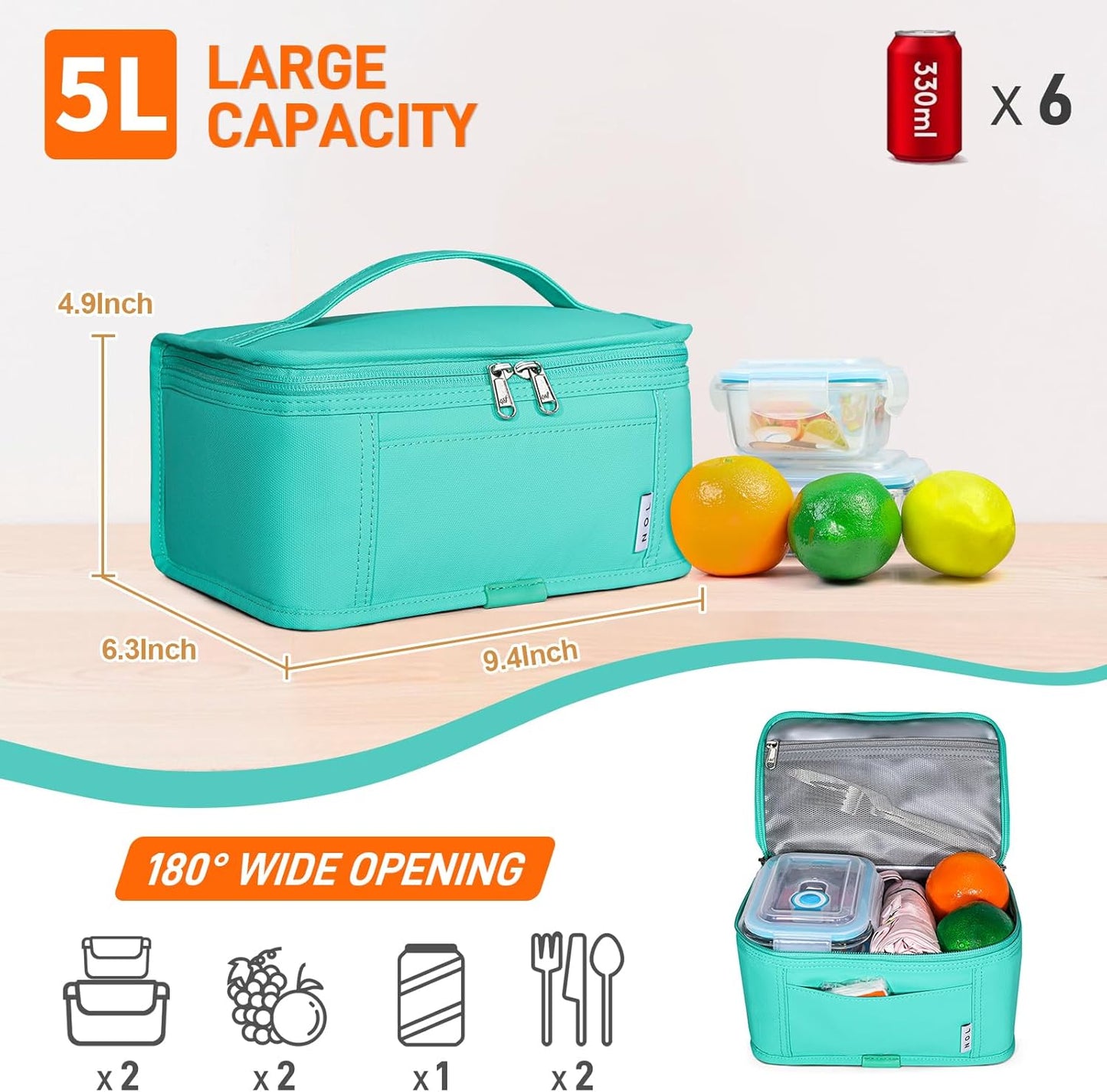 NOL Mini Insulated Lunch Bag for Women Men Kids | Small Leakproof Reusable Lunch Tote | Fits 6 Cans 330ml | Thermal Cooler for Work School Picnic Camping, Navy blue