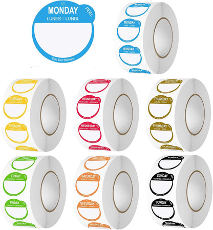 Day Dots Food Labels, 1 Inch 7000 Pcs Removable Date Stickers for Food, 7 Rolls Wmiwulien Day Labels for Restaurant Kitchen Containers, Self Adhesive Day Dot Sticker