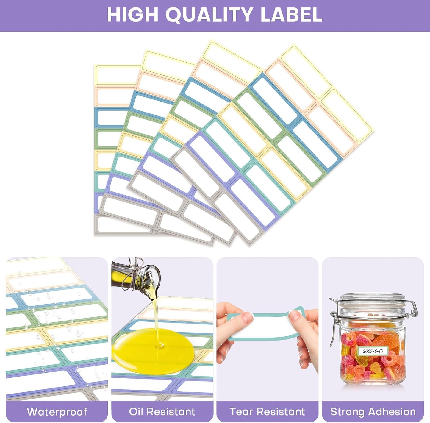240 Removable Labels Waterproof for Jars & Freezer Containers - 1x3 Tear-Proof Stickers, 8 Colors Pearlescent Film, Residue-Free (-40°F~150°F)