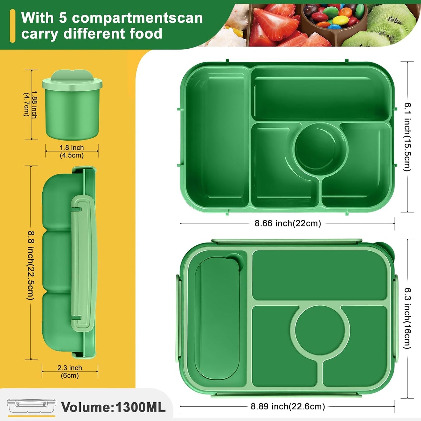 Amathley Bento Box Adult Lunch Box Kids,Lunch Containers for Adults/Kids/Toddler,5 Compartments Bento Lunch Box with Sauce Vontainers,Microwave & Dishwasher & Freezer Safe,BPA-Free (Blue)