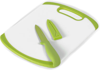 Farberware 2-Piece Paring Knife and Cutting Board Set, 3.5-Inch Paring Knife with Resin Coating and Custom-Fit Blade Cover and Non-Slip Plastic Chopping Board, Dishwasher-Safe Set, White/Blue