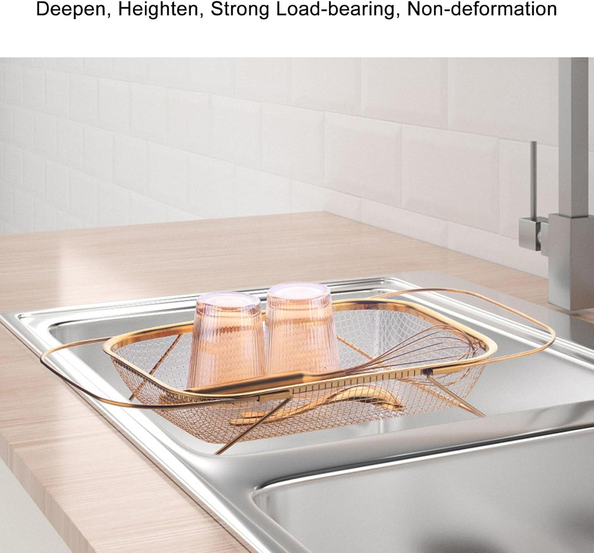 Over The Sink Colander, Rectangle Stainless Steel Over The Sink Strainer Basket For Kitchen Sink with Handles Fine Mesh Expandable Handy Kitchen Tool Kitchen Essentials (Rose Gold)