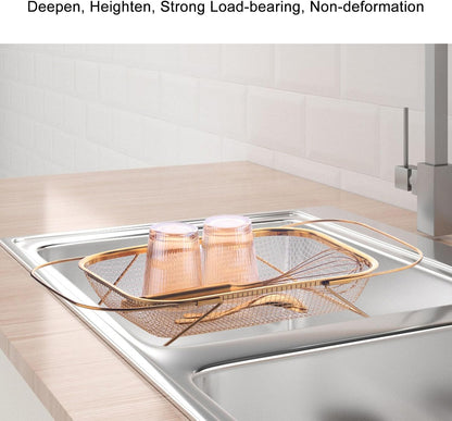 Over The Sink Colander, Rectangle Stainless Steel Over The Sink Strainer Basket For Kitchen Sink with Handles Fine Mesh Expandable Handy Kitchen Tool Kitchen Essentials (Rose Gold)