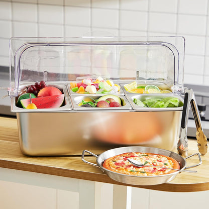 Condiment Tray Stainless Steel Serving Display Set with Lid for Buffet Restaurant Kitchen, Food Chilled Container for Salad Fruit Condiments, Keeps Food Fresh with Ice Box(6 Compartments)