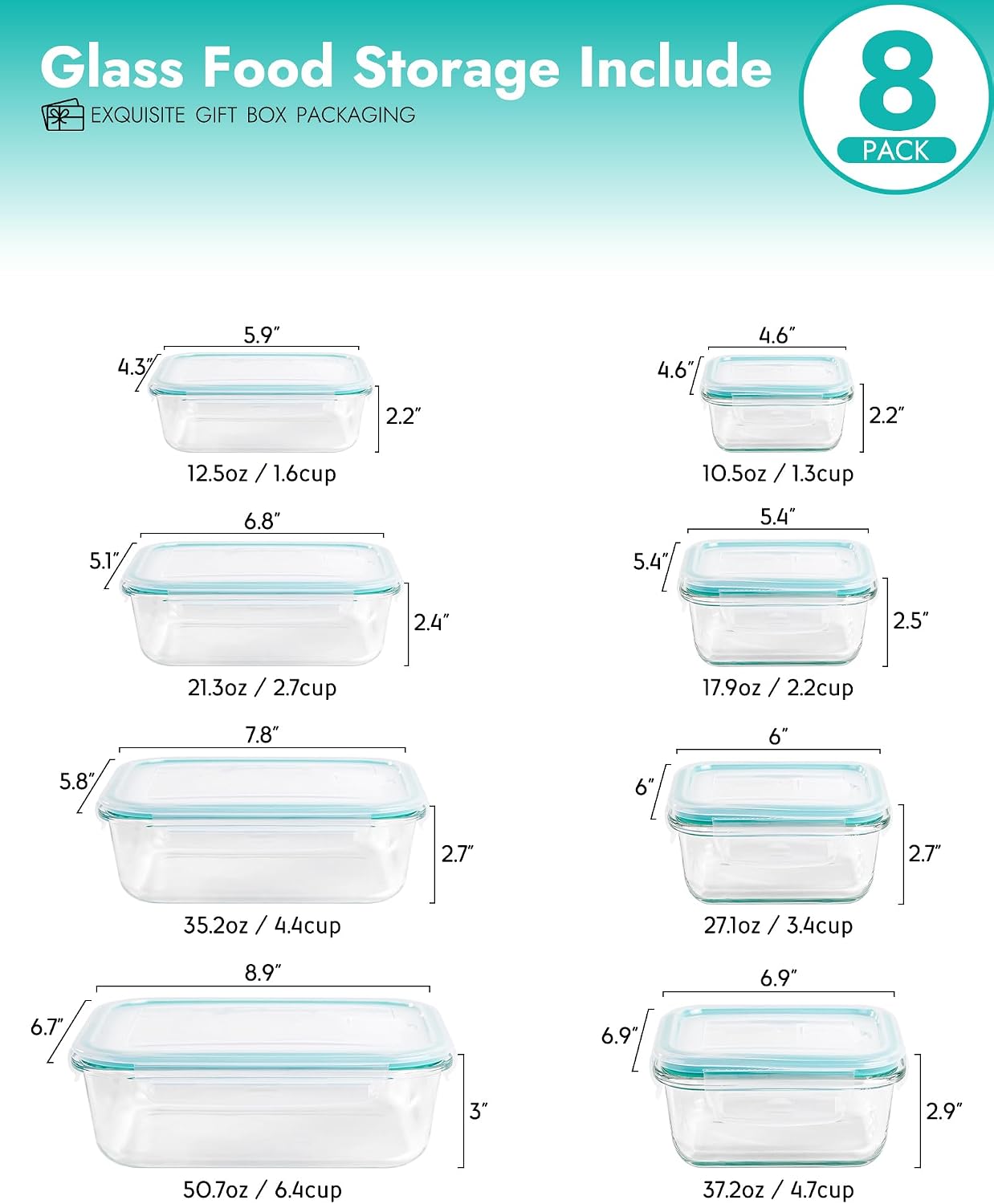 8-Pack Borosilicate Glass Food Storage Containers Set with Airtight Lids - Oven, Microwave & Freezer Safe, Leak-Proof, BPA-Free - Baking, Meal Prep & Gift Ready