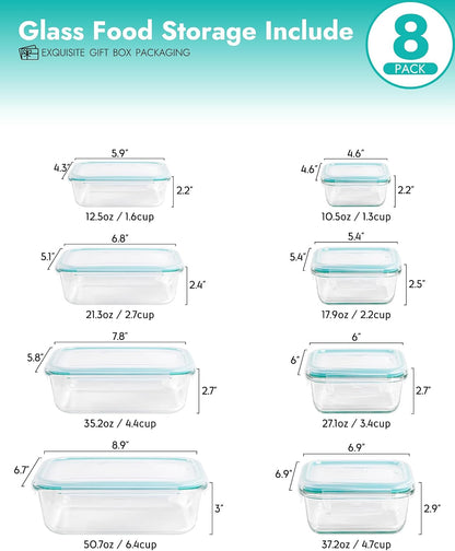 8-Pack Borosilicate Glass Food Storage Containers Set with Airtight Lids - Oven, Microwave & Freezer Safe, Leak-Proof, BPA-Free - Baking, Meal Prep & Gift Ready