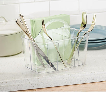 mDesign Plastic Cutlery Storage Organizer Caddy Bin Tote with Handle - Kitchen Cabinet Divided Pantry Basket for Forks, Knives, Spoons, Napkins, Indoor/Outdoor Use, Lumiere Collection, White